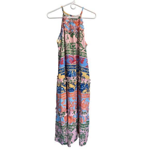 GRACE KARIN Folk Prints Midi Sun Dress M Boho Swing Floral Hawaiian Tiered Maxi - Picture 2 of 7